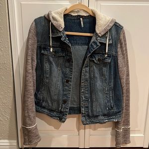 Free People denim jacket with sweatshirt hood and sleeves